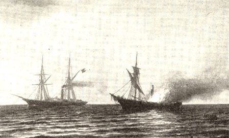 VON DER TANN is at fire, while the Danish Paddle steamer HEKLA watch