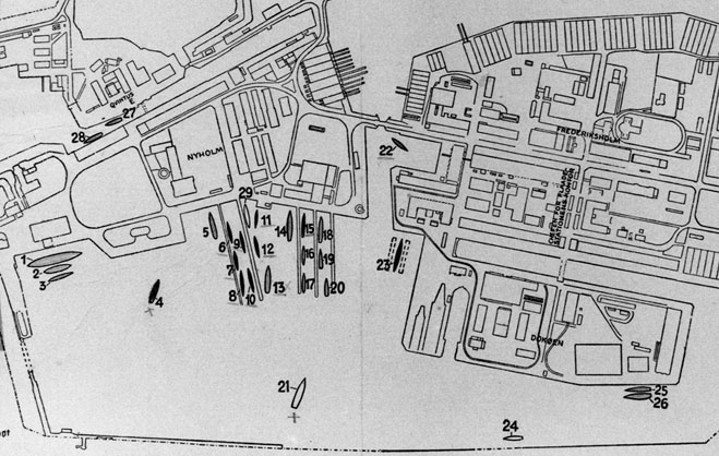 Map of the Royal Dockyard showing the positions of the Danish navy after the scuttling