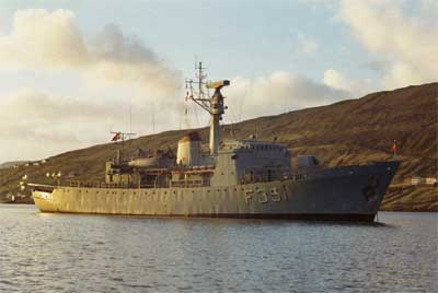 The offshore patrol frigate FYLLA in Skaale fjord in the Faroe Islands