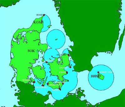 Radardkningen af de danske farvande inden igangstningen af det kommende Kystradarprojekt.