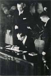 Denmarks Secretary of State, Gustav Rasmussen, signs the NATO treaty