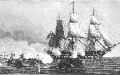 Danske kanonbde angriber det engelske linieskib AFRICA udfor Falsterbo...